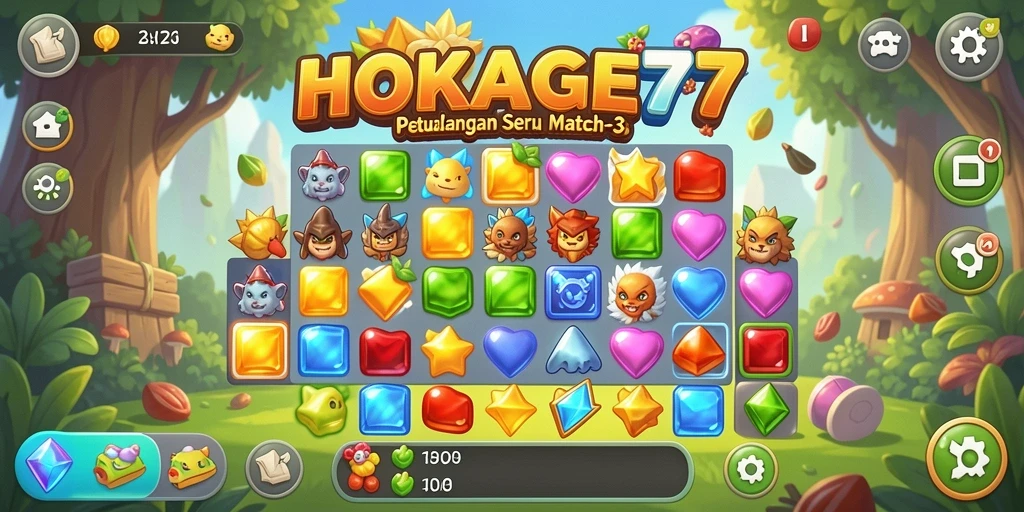 Screenshot gameplay HOKAGE77 menampilkan aksi Match-3 yang seru dan menantang.