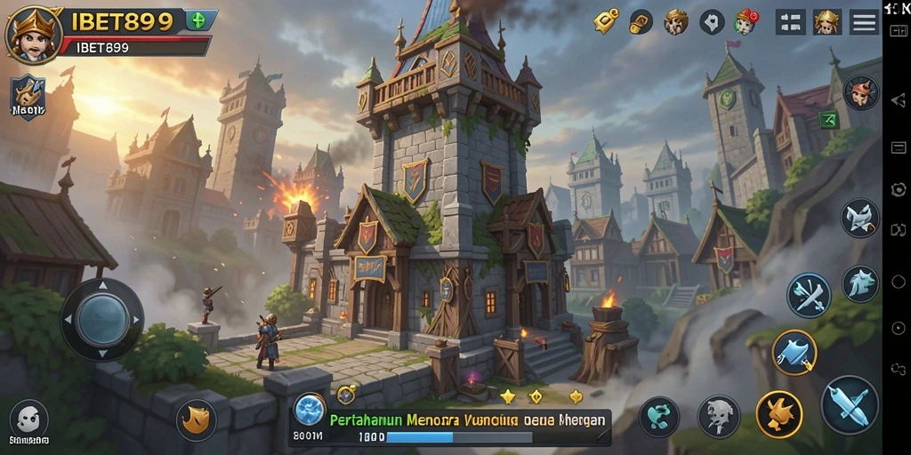Screenshot gameplay IBET899 menunjukkan pertahanan menara yang mendebarkan.