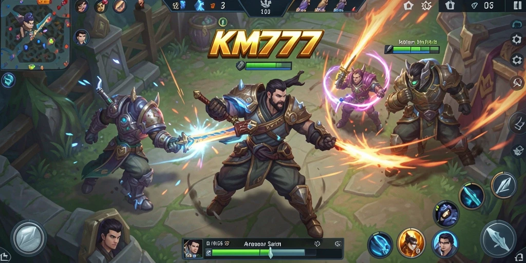 Tampilan gambar permainan MOBA KM777 dengan pertempuran seru.