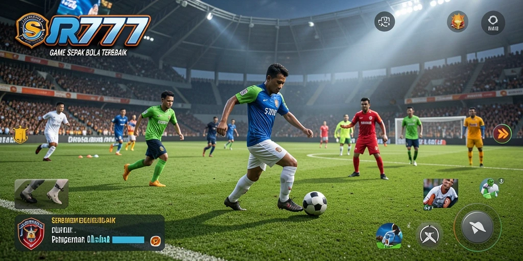 Tangkapan layar gameplay SR777, menunjukkan aksi seru di lapangan sepak bola.